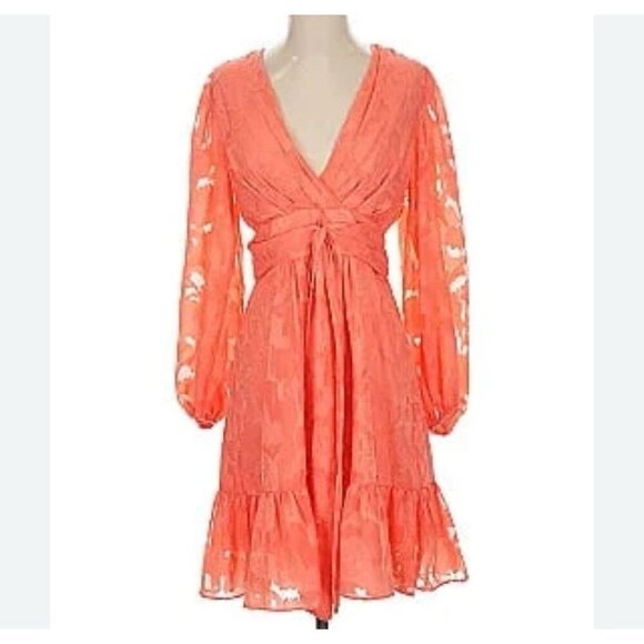 Alex Marie Dress Coral Peach Floral Fit And Flare Size 10 Long Sleeve NWT $158 - Picture 2 of 13